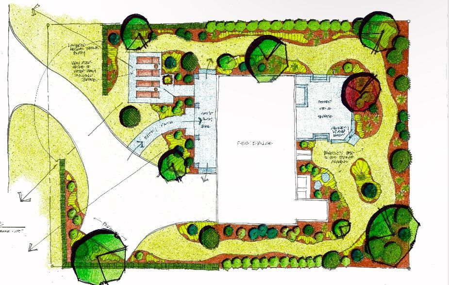 Landscaping sketch for a house with a driveway