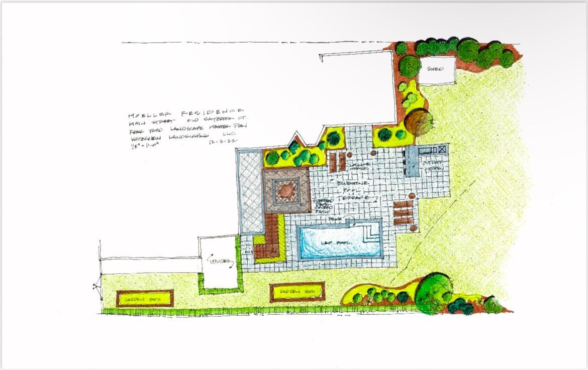 Landscaping design sketch for a house with an outdoor kitchen