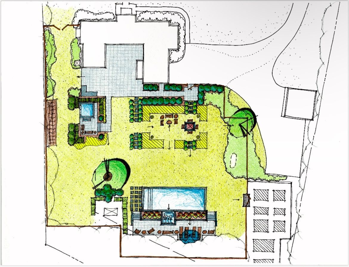 Design sketch for a house with pool and landscaping