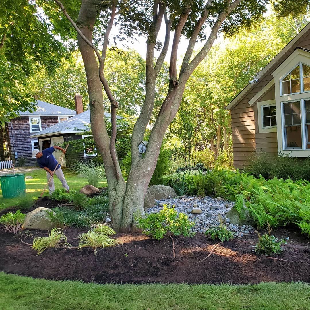 A man is working in a garden in front of a house