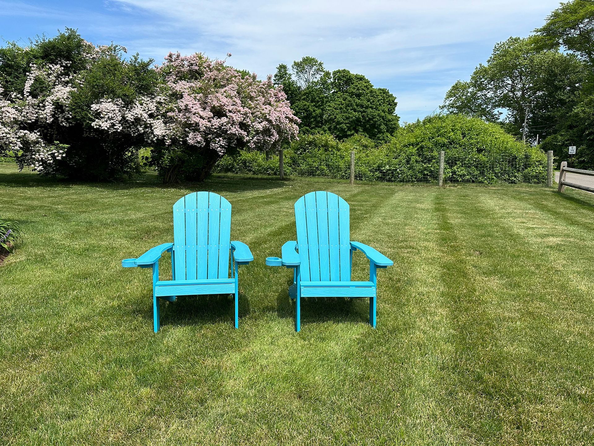 Two blue lawn chairs are sitting on top of a lush green lawn.