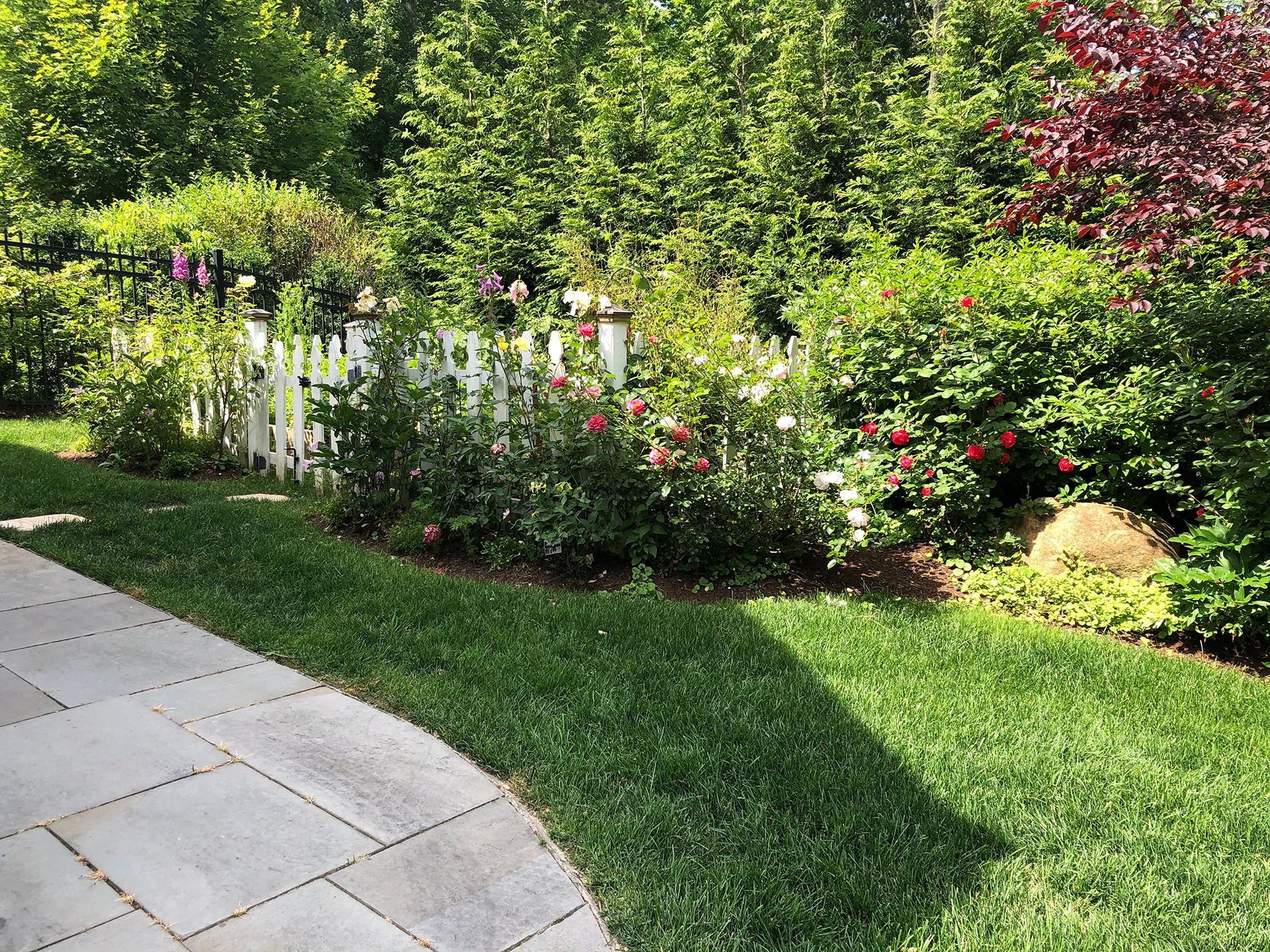There is a white picket fence in the middle of the garden.