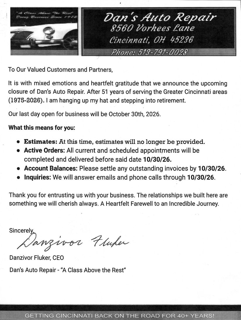 Black-and-white notice from Dan’s Auto Repair with service details and a handwritten signature at bottom