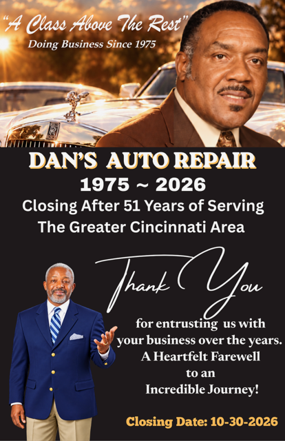 Dan's Auto Repair closing tribute poster with portrait, gold text, and thanks message for 51 years of service