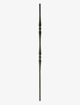 Black wrought iron baluster with two decorative, bulbous features.