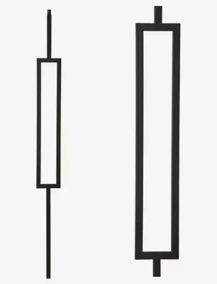 Two black, geometric balusters, one with a top post and one with a top and bottom post.