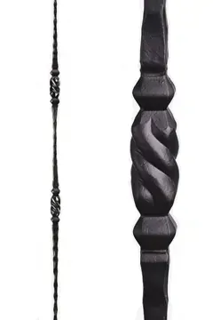 Black wrought iron stair baluster with a twisted central section.