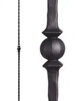 Black wrought iron baluster with twisted shaft and decorative ball and collar.