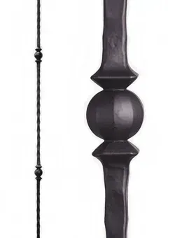 Black wrought iron baluster with twisted stem and decorative center.
