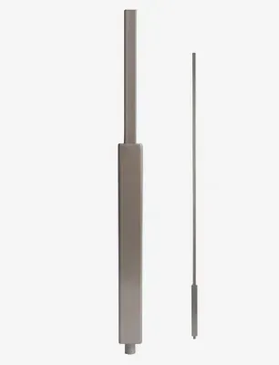 Two metal rods, one thick and square, the other thin and cylindrical, both silver against a white background.