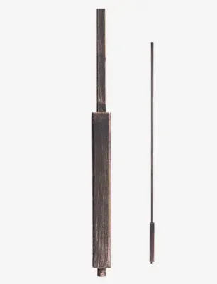 Two metallic rods, one thicker and square, the other thin and cylindrical, standing vertically against a white background.