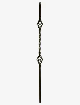 Dark brown wrought iron stair baluster with twisted center and decorative basket details.