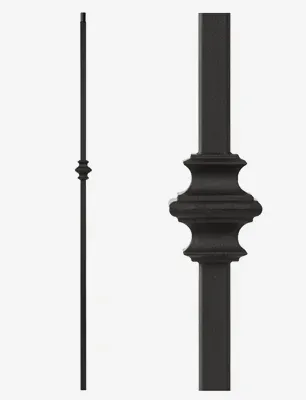 Black metal baluster with decorative center detail, shown at full and close-up view.