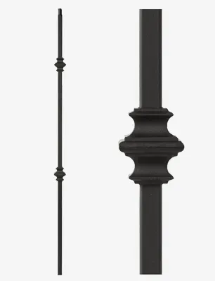 Black iron baluster with decorative center details, used in railing.