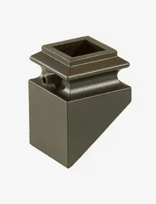 Bronze-colored, square-post stair railing bracket with a screw on the side.