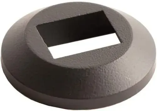 Black, round metal piece with a square opening in the center.