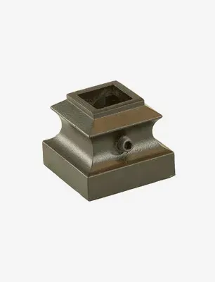 Dark bronze square metal newel post base with a recessed top.