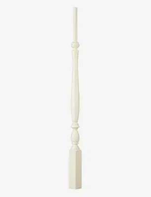 White painted wooden stair baluster with decorative details.