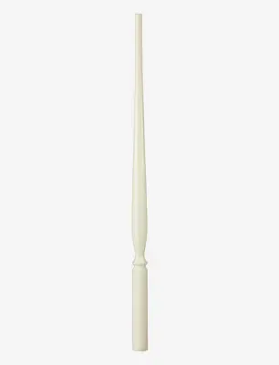 White, slender wooden baluster with a turned design; for a staircase or railing.
