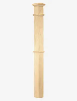Wooden newel post with decorative top and middle rings, against a white background.