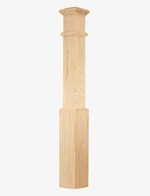 Wooden square newel post with architectural detailing.