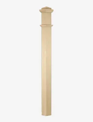 Tall, tan, decorative wooden post with detailed top and bottom sections, standing against a white background.