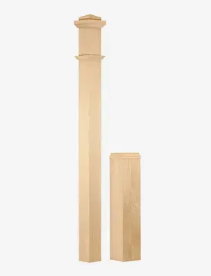 Wooden decorative porch post with a base and capital.