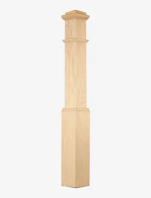 Wooden newel post with square base and decorative top.