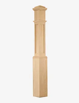 Wooden square architectural post with decorative details, on white background.