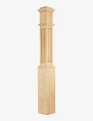 Wooden square baluster, natural finish, with decorative top and base.