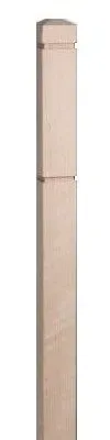 A wooden post, light brown in color, with a square top and a smaller section at the top.