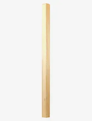 Wooden, light-colored, rectangular corner post, viewed vertically against a white background.