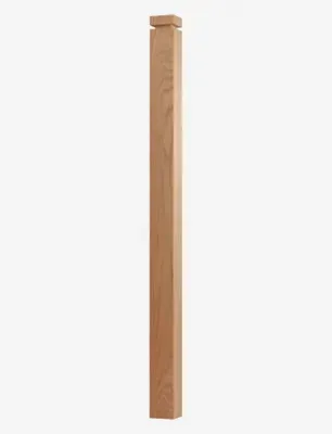 Wooden square newel post, light brown color, against white background.