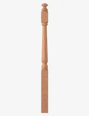Wooden stair newel post, light brown, with decorative carved details and a rounded top.