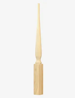 Wooden baluster with a square base, a turned center, and a tapered top.