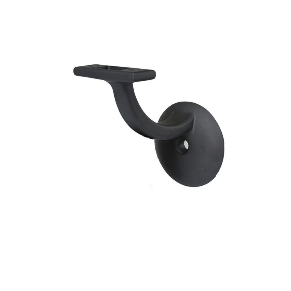 Black, curved handrail bracket; attaches to wall, supports rail.