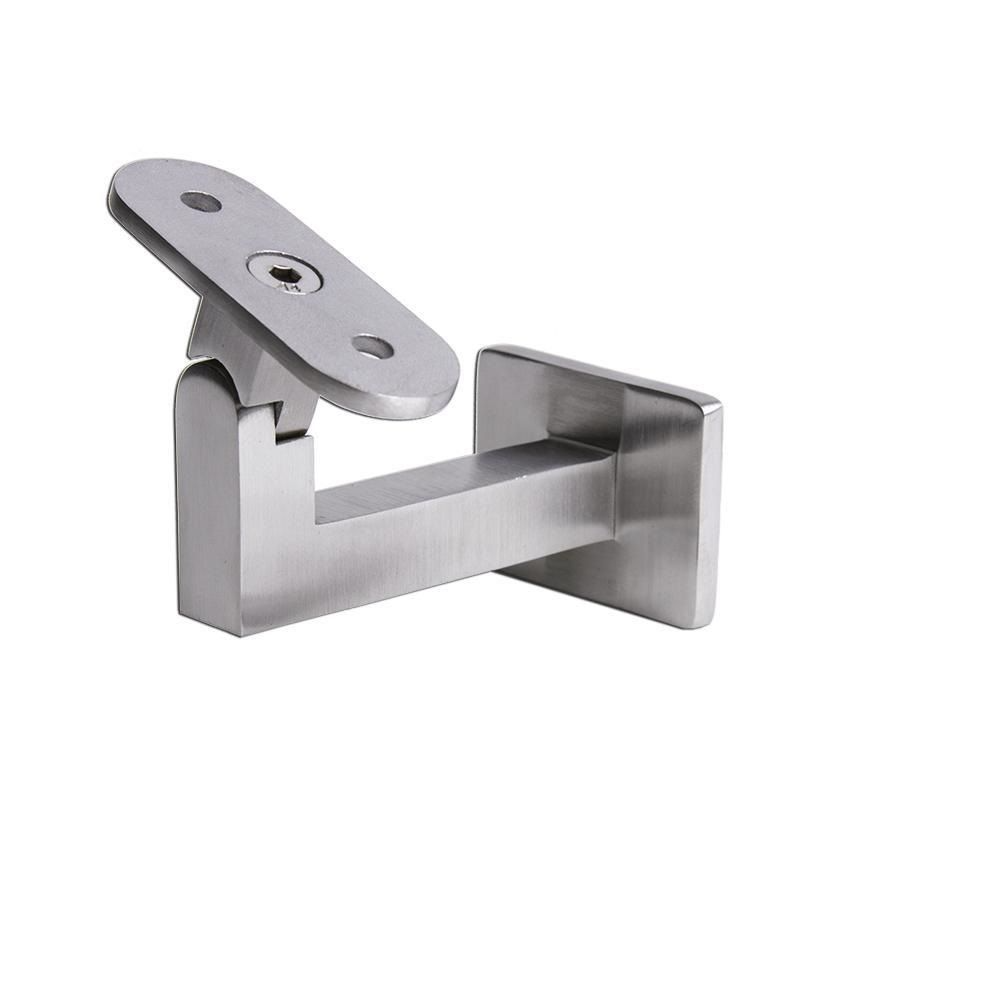 Stainless steel handrail bracket, adjustable angle, mounting to wall.