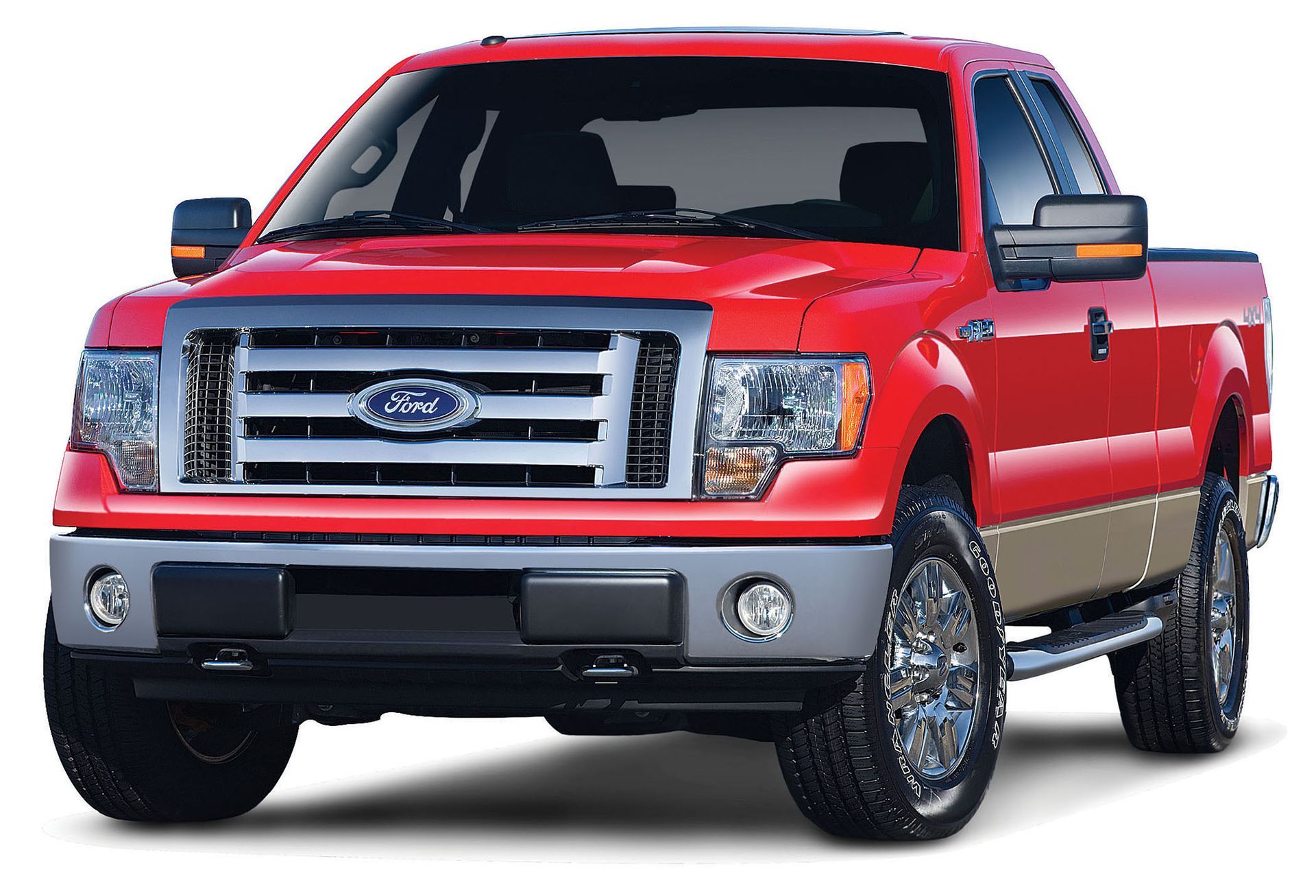 Red pickup truck with chrome grille, front view on white background