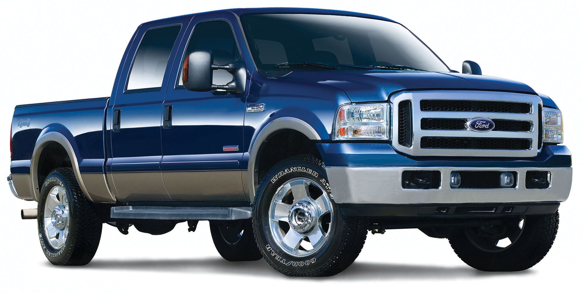 Blue Ford pickup truck on a white background, angled front view.