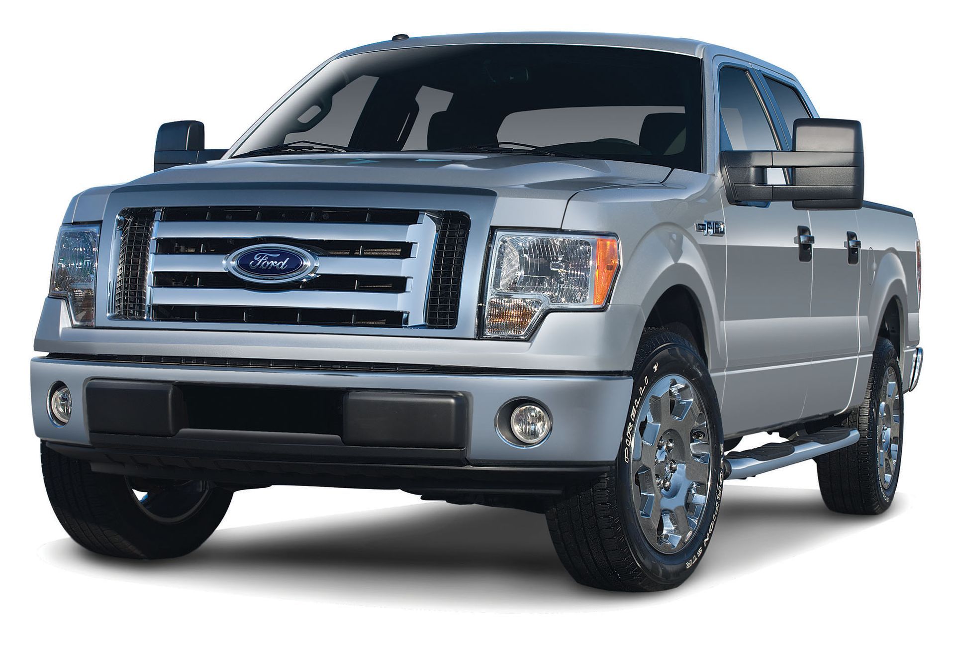 Silver Ford pickup truck on a white background, front three-quarter view