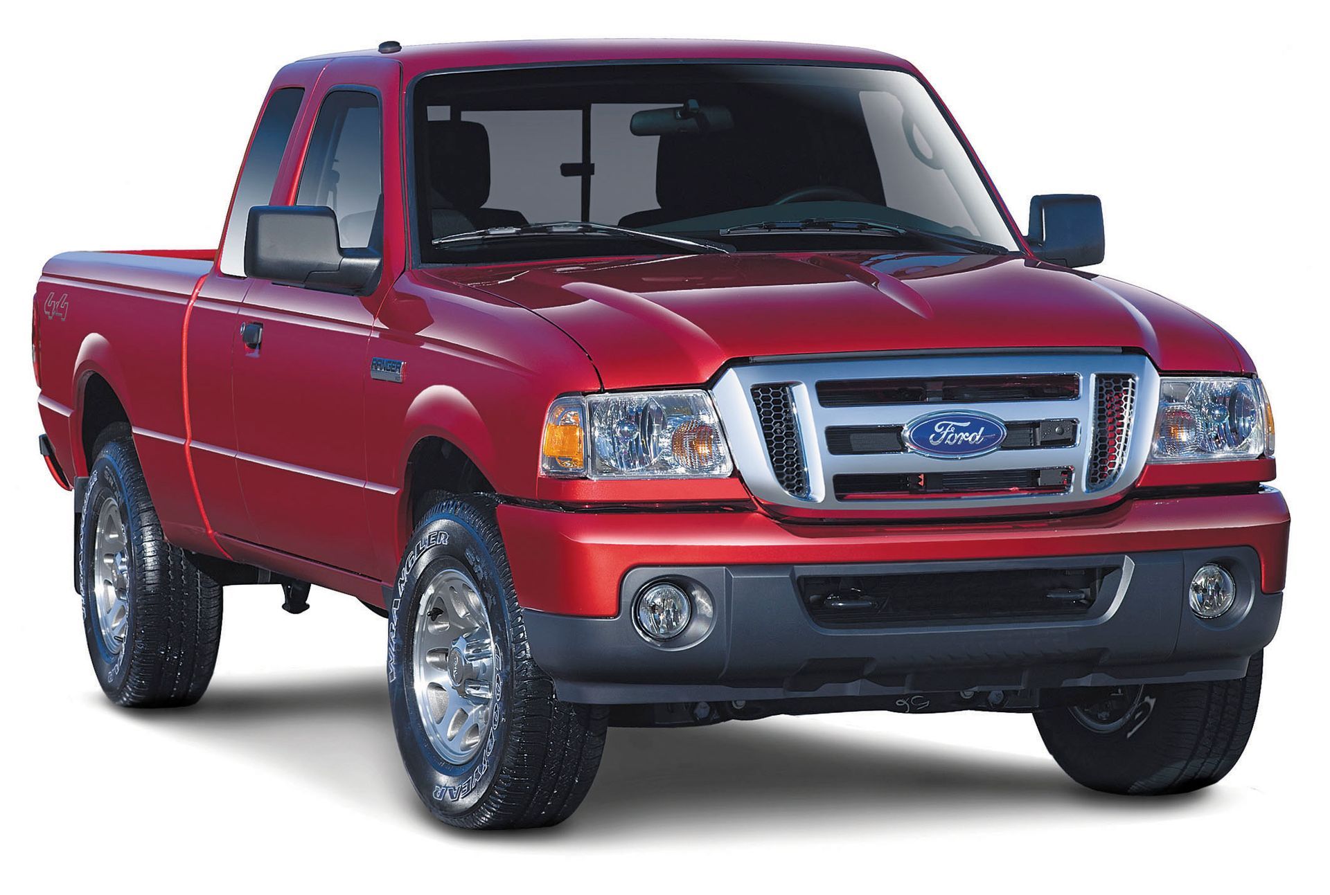 Red pickup truck with chrome grille, angled front view on white background