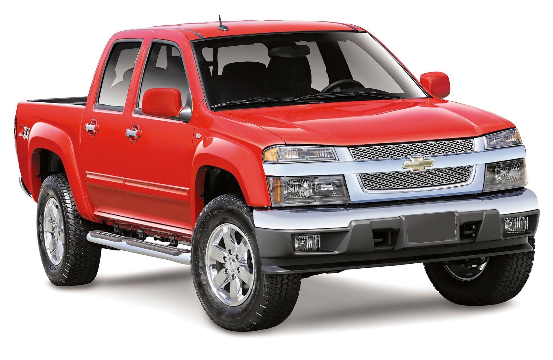 Red pickup truck in glossy red and silver, shown at a three-quarter front angle on a white background