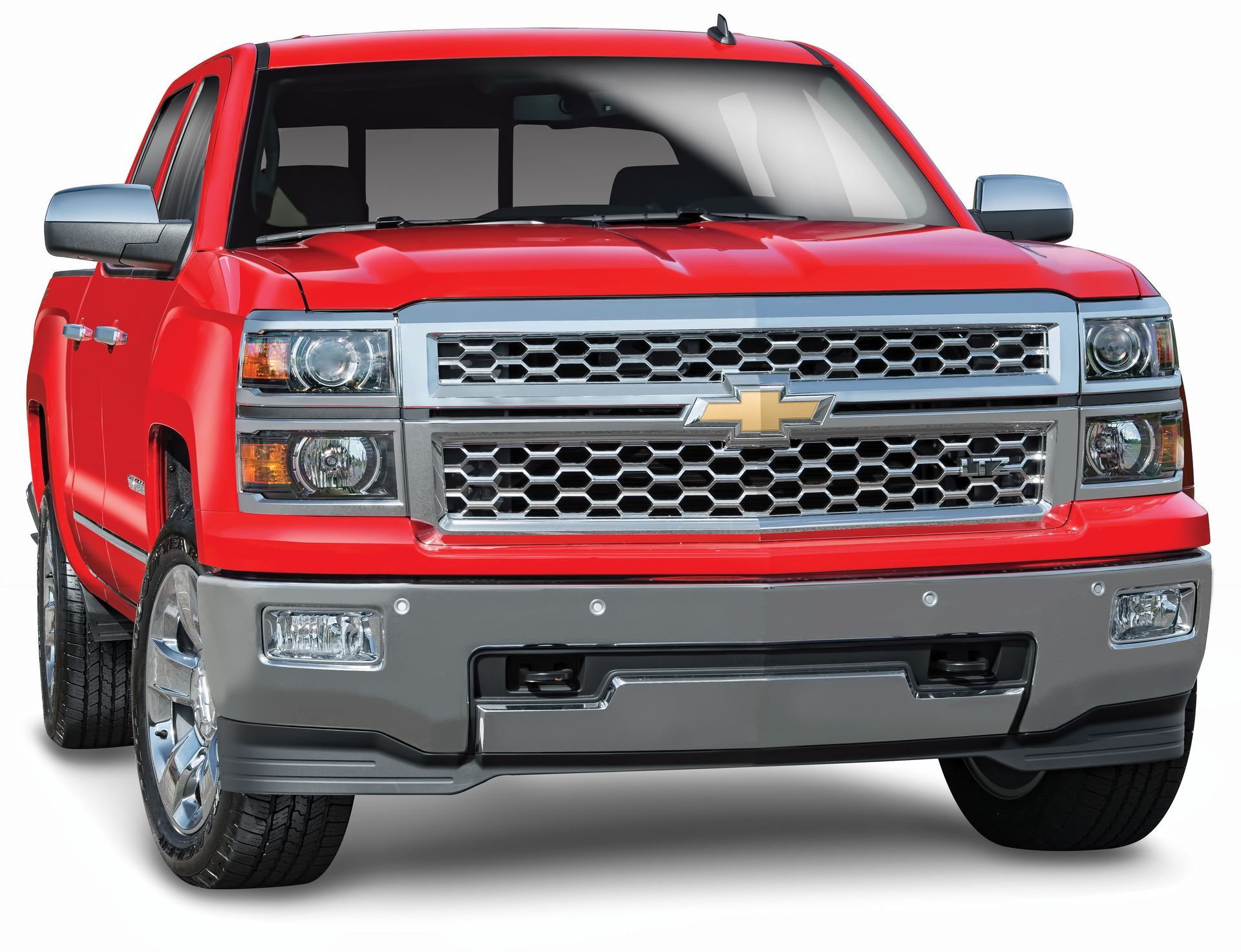 Red Chevrolet pickup truck front view on a white background