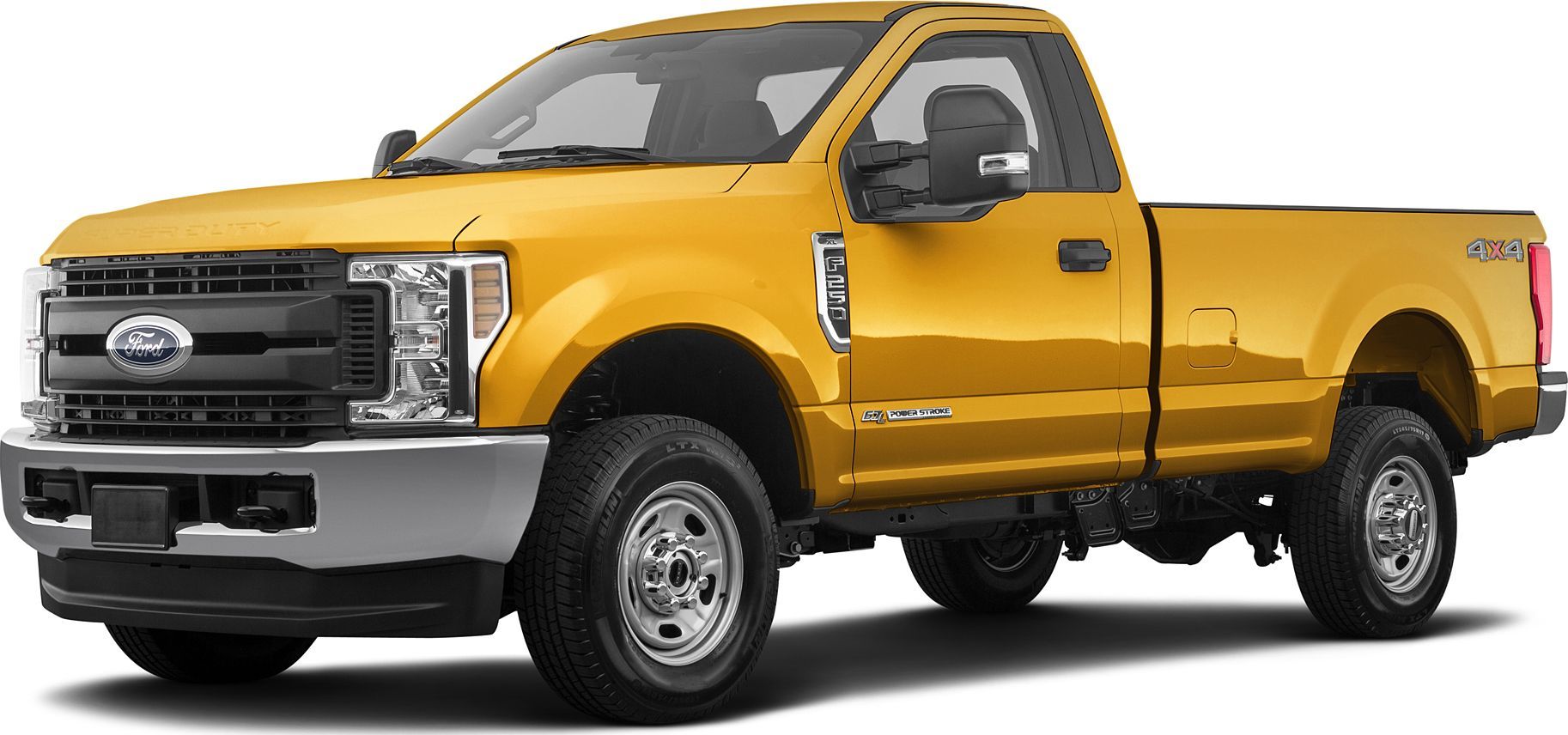 Yellow Ford pickup truck on a white background, side front view