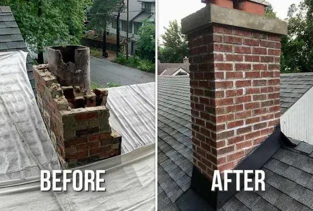 Before and after images of a brick chimney; damaged on the left, newly repaired on the right.