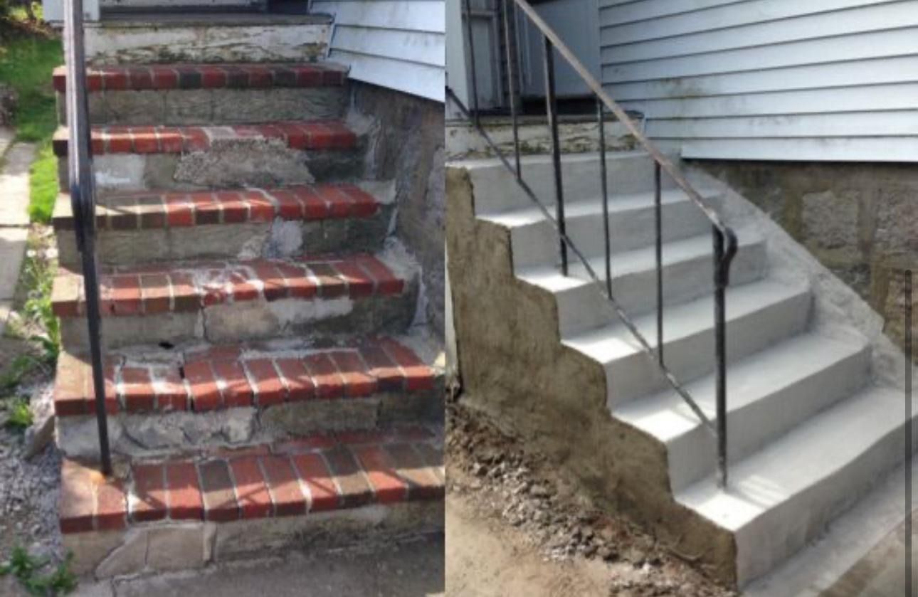 Before-and-after of exterior stairs. Deteriorated brick steps replaced with new concrete steps with black handrail.