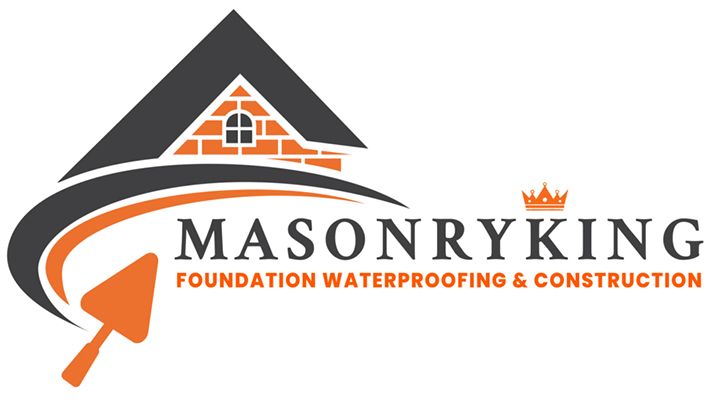 Logo for MasonryKing: House silhouette, text, trowel icon, crown, orange, grey.