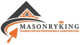 Logo for MasonryKing: House silhouette, text, trowel icon, crown, orange, grey.