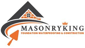 Logo for MasonryKing: House silhouette, text, trowel icon, crown, orange, grey.