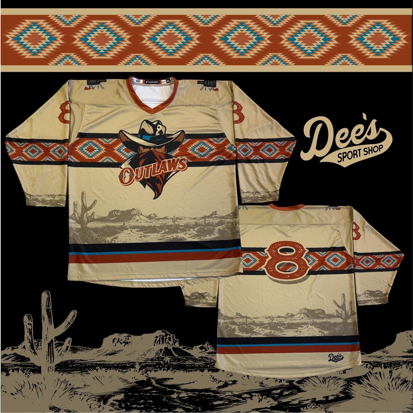 Vintage cream hockey jerseys with orange and patterned stripes, labeled Dee’s Sports Shop.